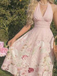 Vestido de mujer de moda con estampado total, cuello halter y lazo en la cintura, de largo medio - Multicolor - Ver 7