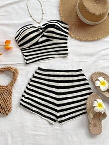 Set de 2 piezas para mujer compuesto por top bandeau texturizado a rayas rojas y blancas y pantalones cortos casuales, adecuado para citas, fiestas y vacaciones en la playa - Blanco y Negro - Ver 7