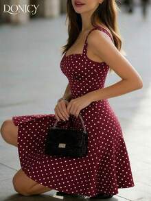 Vestido negro de línea A con cuello cuadrado y lunares, adecuado para el Día de San Valentín, el Carnaval y el uso diario - Burdeos - Ver 7