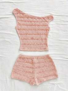 Conjunto de 2 piezas para vacaciones primavera/verano de mujer: Top corto asimétrico de hombro de punto a rayas rojas y blancas y shorts ajustados de tiro súper bajo, adecuado para fiesta, Navidad, San Valentín, cita, playa, crucero, carnaval, Pasc - Rosa Pálido - Ver 7