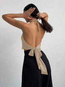 Camiseta de tirantes con cuello halter y bajo asimétrico para mujer - Albaricoque - Ver 6