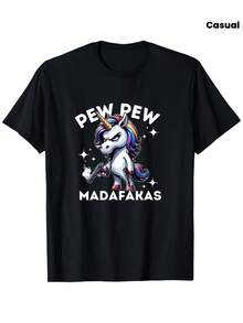 Camiseta gráfica de unicornio enojado Madafakas - Camiseta casual negra con un diseño de unicornio vibrante, texto PEW PEW y MADAFAKAS, ideal para hombres y mujeres, adecuada para actividades al aire libre y uso diario, camiseta de unicornio - Negro - Ver 7
