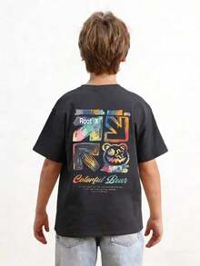 Casual Style T-Shirt For Children With Cartoon Bear Print, Made Of Soft And Comfortable Fabric, Suitable For Children In Outdoor Sports, Daily Wear, Urban Style, Campus Style, Versatile Fashion Top For Children For Spring And Summer. - 深灰色 - 查看 2
