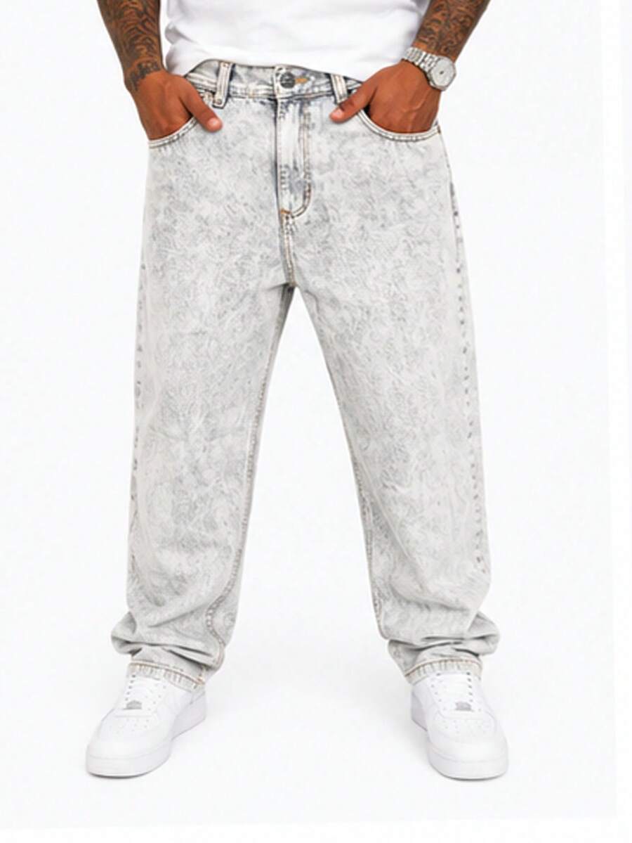 Men's Oversized Wide Leg Balloon Jeans Without Elastane - 大理石紋傑索 - 查看 1
