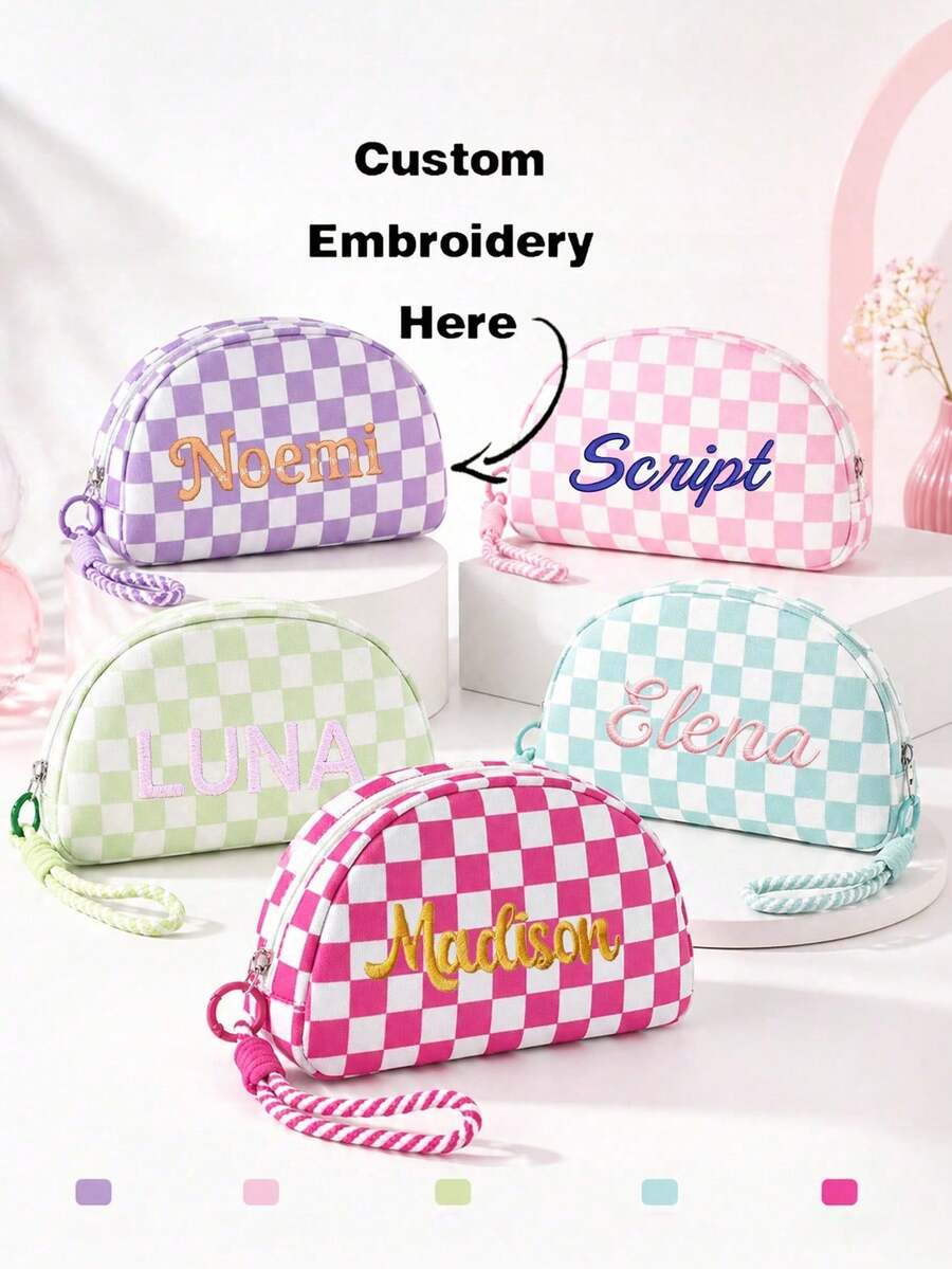 (Embroidered Custom) 1pc New Striped Shell Cosmetic Bag, Fresh Macaron Color, With Zipper And Personalized Customization Makeup Bag, Portable Toiletry Storage Bag For Outdoor, Random Pom-Pom Design, Cute Gift For Family, Friends, Birthday, Holiday Essential