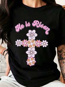 He Is Risen, Christian Easter T-Shirt With Floral Cross For Women, Spring Religious Graphic Tee, Faith Gift For Easter Celebration. - 黑色 - 查看 7