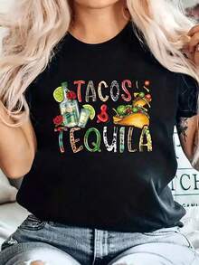 Camiseta con apliques de letras y diseño de tacos y tequila - Casual, Primavera-Verano, Cuello Redondo, Largo Regular, Tela - Negro - Ver 1
