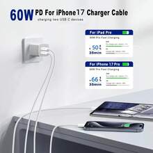 3英尺 USB-C 转 USB-C 充电线，兼容 17、16、15，加粗编织线，支持快速充电，适用于 17、16 Pro Max、15 Pro、16、16e、15、Air - 白色 + 粉色 + 蓝色 - 彩色 - 查看 6