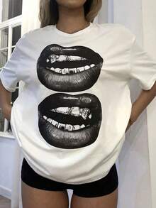 FASHIOGIRL Short Sleeve T-Shirt With Round Neck, Black And White Lip Print, Casual Minimalist Urban Style, Loose Fit For Women, Cotton Blend, Summer - 白色 - 查看 4