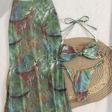 Nuevo conjunto de bikini para mujer es súper elegante, con cuello halter, tirantes ajustables, adornos de perlas y una falda larga ajustada al cuerpo, un conjunto de tres piezas. - Color de la imagen (sin cadena) - Ver 4