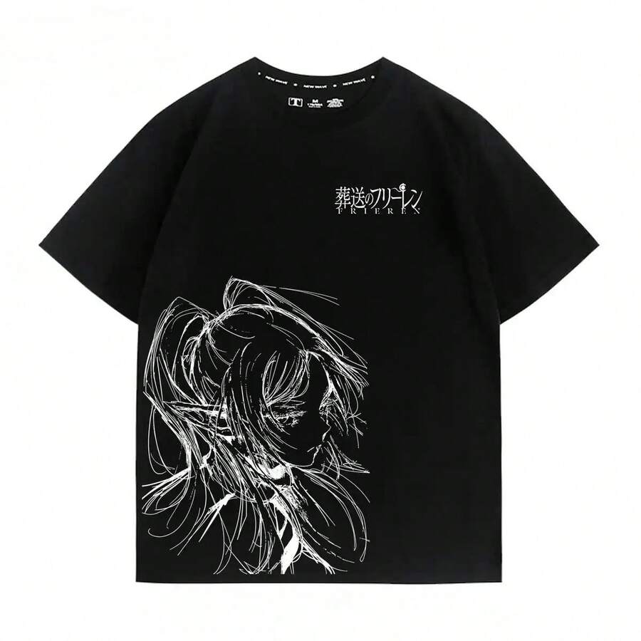 Camiseta de anime Frieren: Beyond Journey's End | Diseño de Arte de Líneas Minimalista en Fondo Negro | Corte holgado unisex | Tallas S-3XL | Ideal para Fanáticos de la Fantasía y Eventos de Anime | Ropa Cómoda y Duradera - Negro - Ver 1