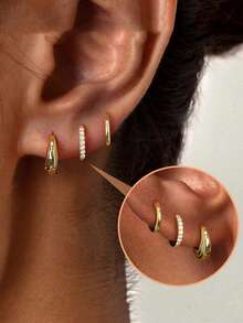 3 Peças Conjunto de Brincos de Argola Pequenos para Mulheres, Argolas Banhadas a Ouro 14K Hipoalergênicas para Múltiplas Perfurações, Joias Delicadas e Fofas de Cartilagem Leves Mini - Dourado - Visão 1