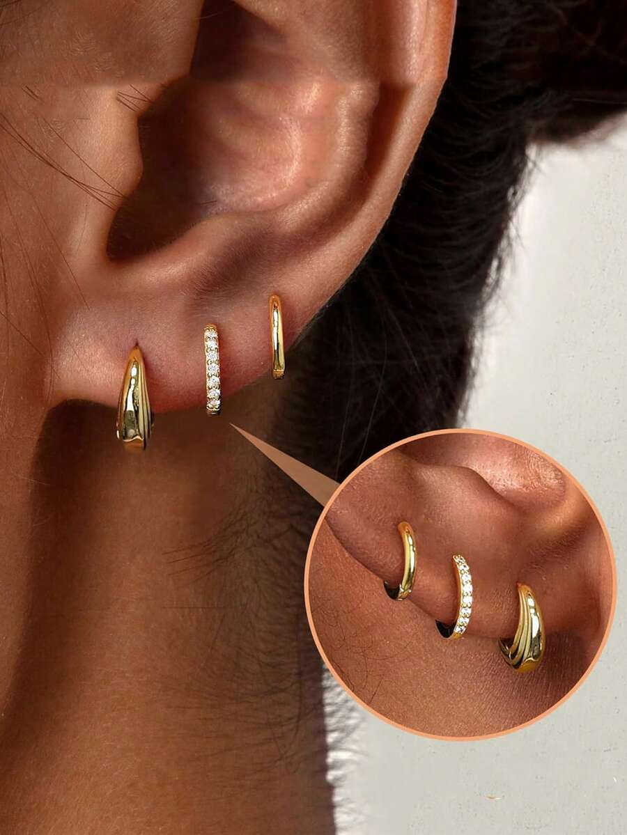 3 Peças Conjunto de Brincos de Argola Pequenos para Mulheres, Argolas Banhadas a Ouro 14K Hipoalergênicas para Múltiplas Perfurações, Joias Delicadas e Fofas de Cartilagem Leves Mini - Dourado - Visão 1