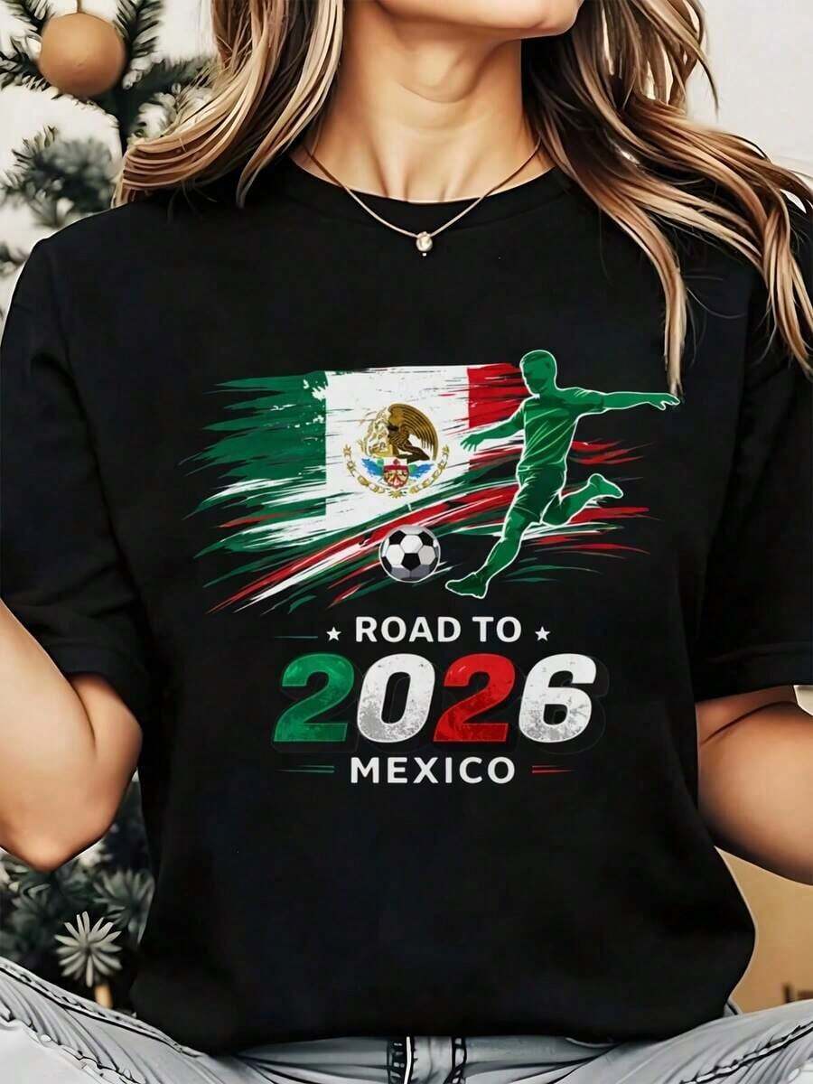 Women's Crew Neck T-Shirt, Mexican Soccer Player Print With Flag, Casual Soccer Fan Clothing, 2026 Celebration, Short Sleeve T-Shirt 220g - 黑色 - 查看 1