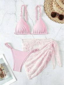 Bikini sexy de tres piezas estilo Ins para mujer, conjunto de traje de baño con tirantes y espalda descubierta. - Beis - Ver 7