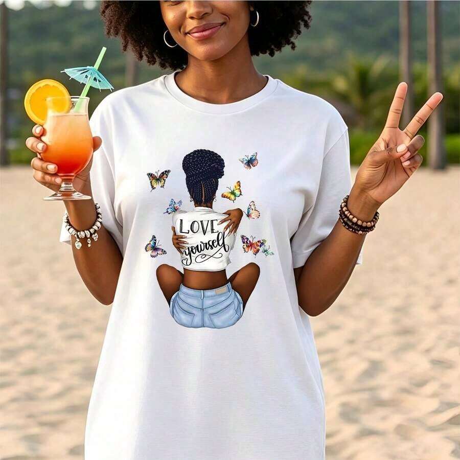Women's T-Shirt With Butterfly Print "Love Yourself", Short Sleeve, Urban Chic Style, Casual, For All Seasons, Loose Fit T-Shirt 2026, Elegant, New Spring Summer Style, Ideal Gift For National Day, Christmas, Halloween. - 白色 - 查看 1