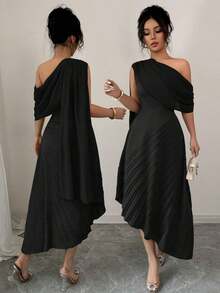 Vestido largo elegante de mujer con un hombro, de gasa, con pliegues brillantes, para primavera/verano - Burdeos - Ver 9