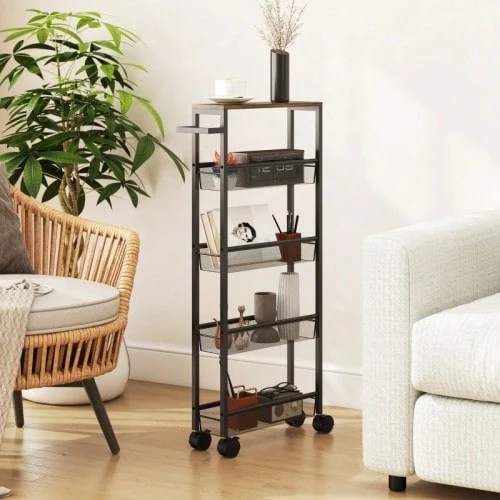 Kitchen Trolley/Serving Cart With 5 Shelves, Rolling Kitchen Shelf With Worktop, Wheels And Handle, 47 X 13 X 96.5 Cm, Black - Black - View 1