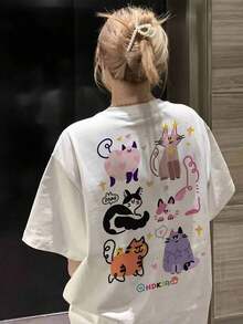 Camiseta gráfica de estilo casual simple, blanca, con estampado de gatos adorables y texto HDKIA, suave y cómoda, de cuello redondo y manga corta, camiseta retro con estampado de gato y ramen, camiseta linda con gatito. Camiseta informal de moda con estampado creativo para mujer, de manga corta y cuello redondo, para primavera y verano T-Shirt Women Festive Celebration Shirt Party Wear Top Cuello Redondo Algodón 100% Tejido Suave Manga Corta - Blanco - Ver 1