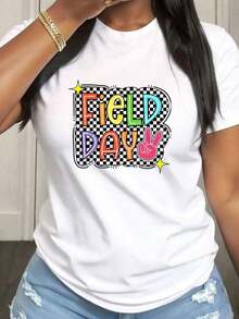 Women's Field Day T-Shirt, Casual, Short Sleeve, Round Neck, With Medium Elasticity Fabric, Suitable For Spring, Summer And Autumn Casual Outfits, Machine Washable, Fun Design - Putih - View 7