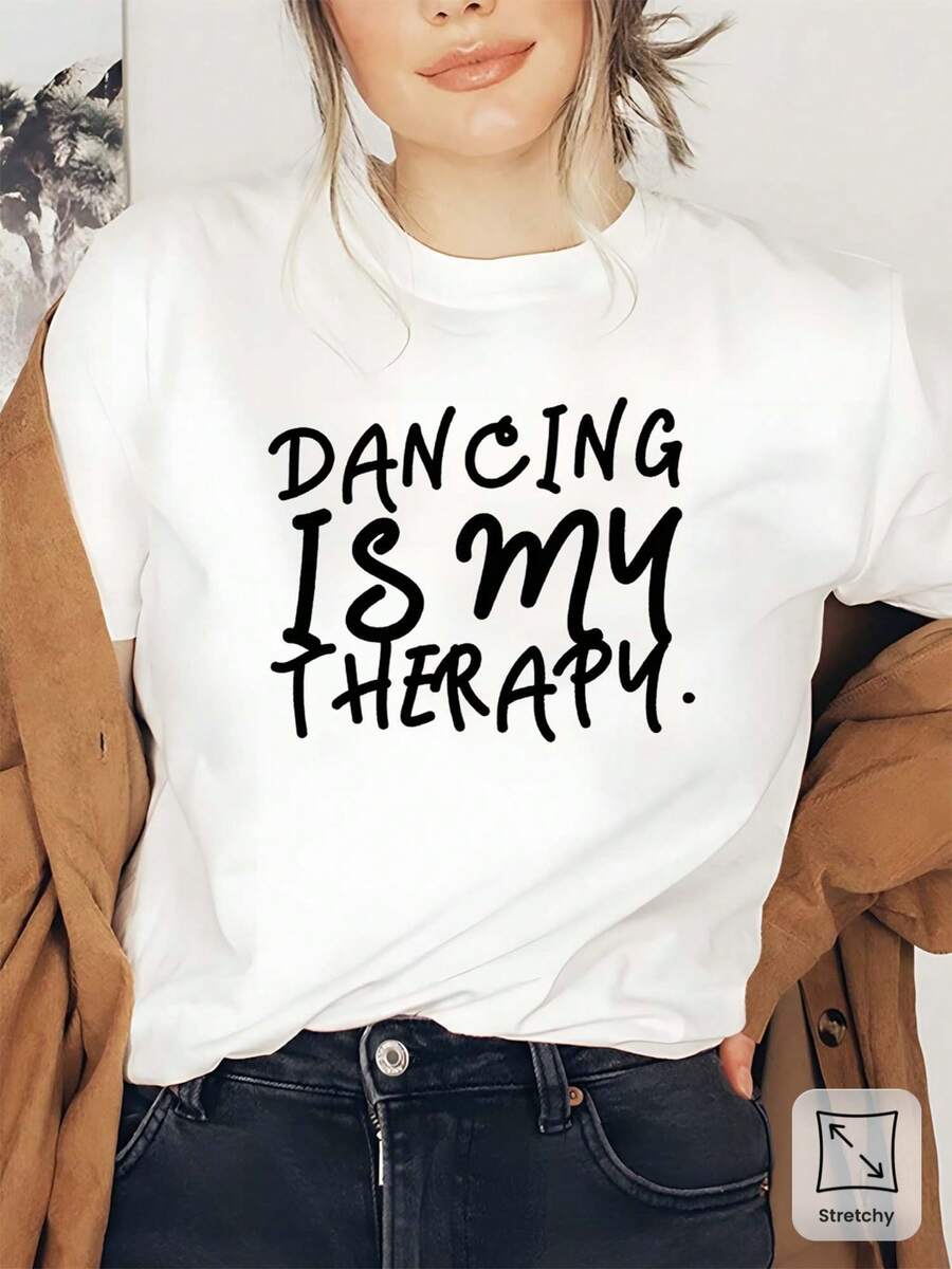 Limited Edition Women's T-Shirt With "Dance My Relaxation" Print | Soft And Casual, Round Neck, Short Sleeve, Mustard Yellow Color, Lightweight And Breathable, Round Neck, Slightly Elastic Fabric, Geometric Pattern, Casual Spring/Summer Style, Lightweight Cotton. - 白色 - 查看 1