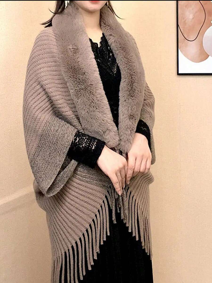 1 chiếc áo choàng poncho nữ mùa thu/đông mới có mũ trùm đầu với cổ lông giả, áo khoác cardigan dệt kim ấm áp có tua rua. - màu đặc - Xem 1