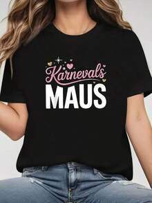 Designed For Modern, Stylish, And Comfortable Women - "Karnevals MAUS" Women's T-Shirt - German Carnival Mouse Theme - Black Short Sleeve Crew Neck Printed T-Shirt - Machine Washable, Suitable For Spring, Summer, And Autumn, Casual Style, Comfortable Fit, Modern Design. Made With Premium Soft And Breathable Fabric, Designed For All-Day Comfort And Versatile Everyday Wear, Perfect For Casual Outings. - 黑色 - 查看 1