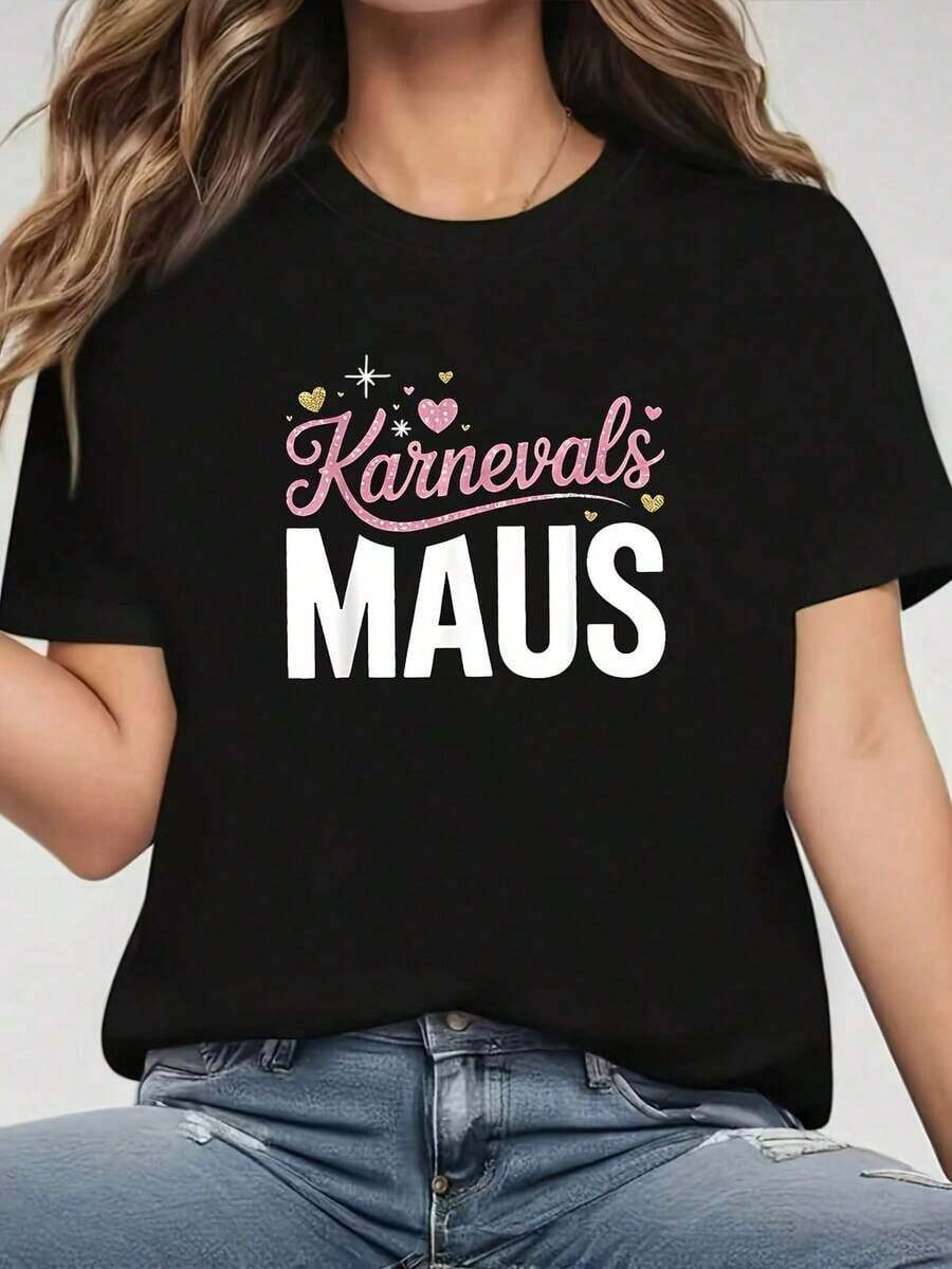Designed For Modern, Stylish, And Comfortable Women - "Karnevals MAUS" Women's T-Shirt - German Carnival Mouse Theme - Black Short Sleeve Crew Neck Printed T-Shirt - Machine Washable, Suitable For Spring, Summer, And Autumn, Casual Style, Comfortable Fit, Modern Design. Made With Premium Soft And Breathable Fabric, Designed For All-Day Comfort And Versatile Everyday Wear, Perfect For Casual Outings. - 黑色 - 查看 1