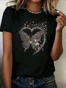 Free Shipping, Local Delivery In Mexico, Delivery In 4 Days. Women's T-Shirt With Blue Butterfly - Elegant Style, Size, White. - -1 - 查看 3