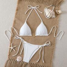 26 New Bikini Models, Sexy Two-Piece Bikini With Triangle Cup, Sexy Solid Color Swimsuit. - 白色 - 查看 11