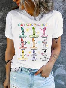 1 Teacher's Colorful Crayon Print T-Shirt, Teacher's Bible Verse T-Shirt, Christian Teacher's T-Shirt, Teacher's T-Shirt, Teacher's Day Thank You Gift, 180g 100% Cotton - 白色 - 查看 1
