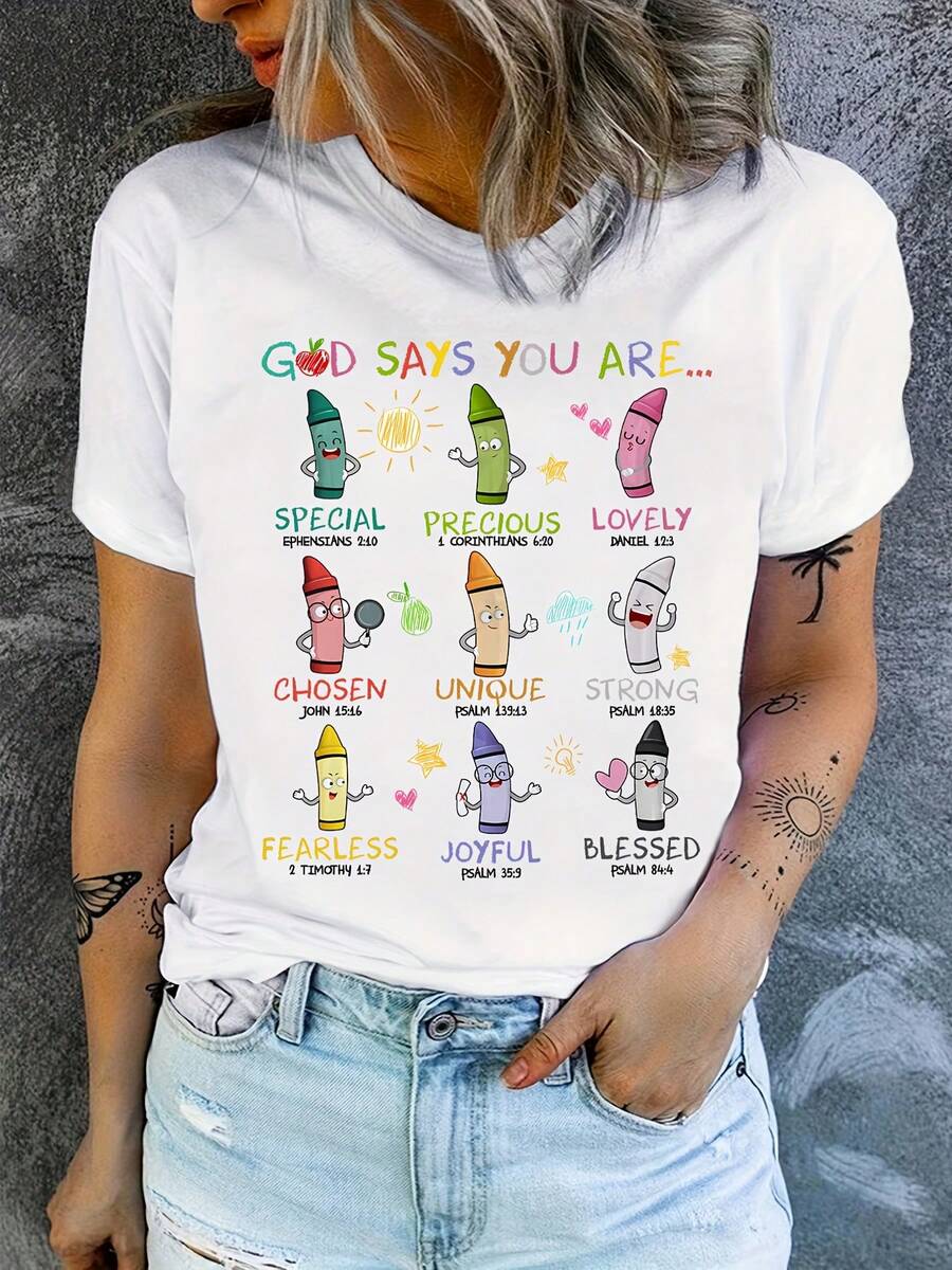 1 Teacher's Colorful Crayon Print T-Shirt, Teacher's Bible Verse T-Shirt, Christian Teacher's T-Shirt, Teacher's T-Shirt, Teacher's Day Thank You Gift, 180g 100% Cotton - 白色 - 查看 1