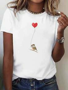 Soft Cotton Women's T-Shirt With Fun Bird And Balloon Print With Hearts - Comfortable, Casual, Round Neck And Short Sleeve, Sizes S To 3XL, Comfortable To Wear, Versatile And Simple Style For Everyday Use. - 白色 - 查看 1