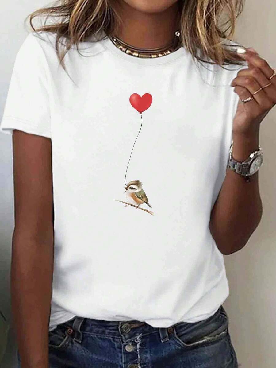 Soft Cotton Women's T-Shirt With Fun Bird And Balloon Print With Hearts - Comfortable, Casual, Round Neck And Short Sleeve, Sizes S To 3XL, Comfortable To Wear, Versatile And Simple Style For Everyday Use. - 白色 - 查看 1