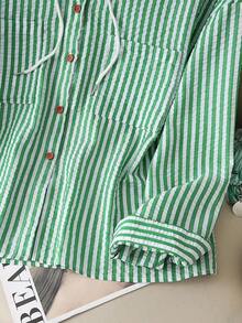 Camisa con capucha de protección solar de corte holgado a rayas azules de talla grande - Verde Oliva - Ver 6
