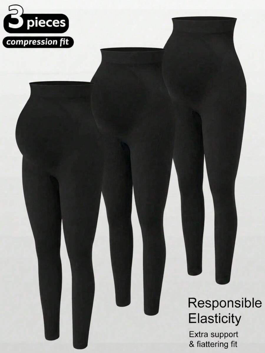 3pcs/Set Maternity Seamless High Waist Elastic Solid Color Leggings, Suitable For Casual Daily Wear, Sports, Yoga, All Seasons - Multicolor - View 1