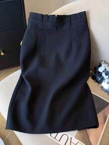 Falda midi de diseño minimalista con cintura de bolsa de papel, cintura alta, falda ajustada para el trabajo, color negro - Azul marino - Ver 9