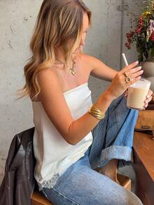 Women's Lace Hem Tube Tops Summer Strapless Solid Color Bandeau Tops Loose Fit Shirts - Blanco - Ver 4