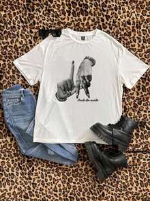 Women's Loose-Fitting Short-Sleeved T-Shirt, Casual, Minimalist, Retro, Punk, Y2K Style, Versatile, Ideal For Parties And The Airport, With A Black And White Lettering And Ring Print, Comfortable For Summer Outfits. Stylish Women's Blouse, Pretty T-Shirts For Women. - 風格 - 查看 9