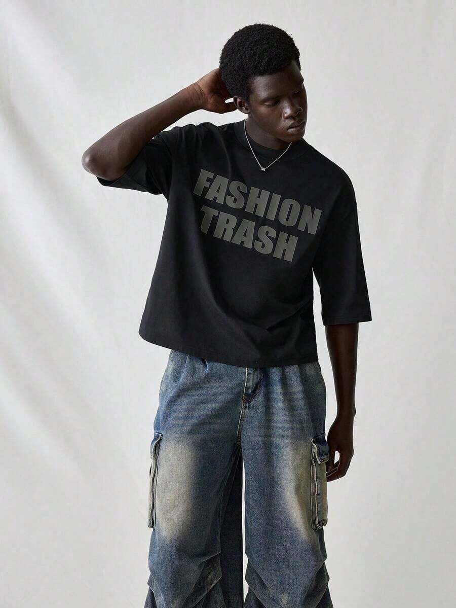 Camiseta de punto para hombre SWAVVY, estilo casual, holgada, de manga corta, con estampado de letras en inglés, para verano. - Negro 3 - Ver 1