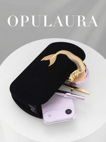OpulAura 女士复古时尚丝绒手拿包，美人鱼造型纽扣设计，欧美风格，高端简约方型手提包，适合婚礼、晚宴、正式活动、派对等场合，可手提或单肩背，配有高品质链条肩带 - 黑色 - 查看 4
