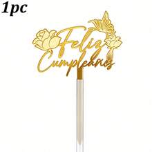 1个/3个金色亚克力“Feliz Cumpleaños”（西班牙语生日快乐）蛋糕装饰插牌，饰有花卉和蝴蝶图案，适合西班牙主题生日派对装饰。 - 多色 - 查看 10