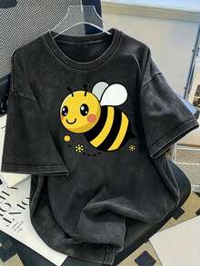 Una camiseta de algodón lavado con estampado moderno para mujer - algodón de 230 g de grosor, estilo vintage urbano, cuello redondo, mangas cortas, lavable a máquina, adecuada para uso casual en primavera y verano, una camiseta holgada única para mujer. - Negro - Ver 1