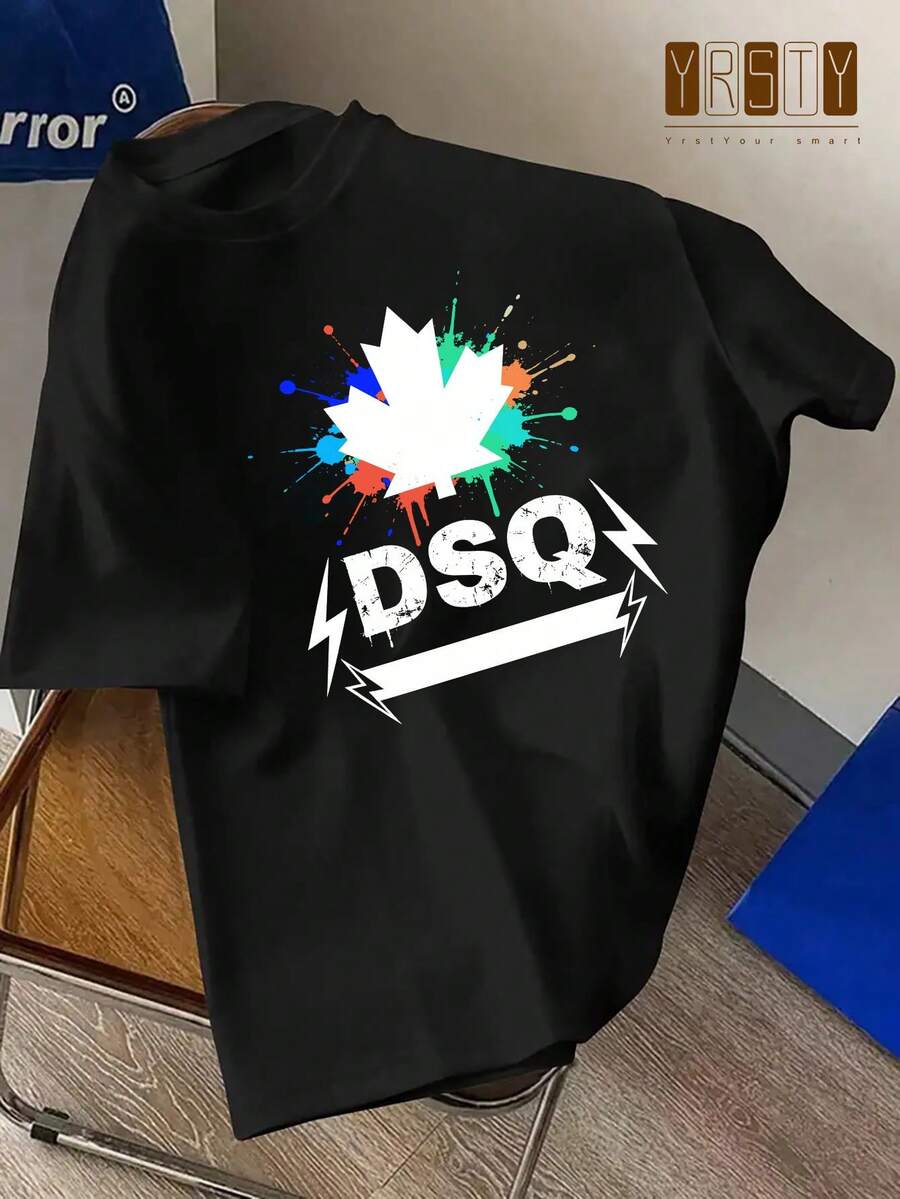 Camiseta de moda para hombre con estampado de letras " Graffiti Maple Leaf", estampado llamativo de estilo urbano, lavable a máquina, transpirable y cómoda, de manga corta para el verano, estilo urbano casual, adecuada para el uso diario. ¡La elección perfecta para entrenamientos en el gimnasio y viajes al aire libre! Una camiseta de manga corta adecuada para el hogar, el uso diario, fiestas y viajes-ideal como regalo para amigos o familiares. - Negro - Ver 1