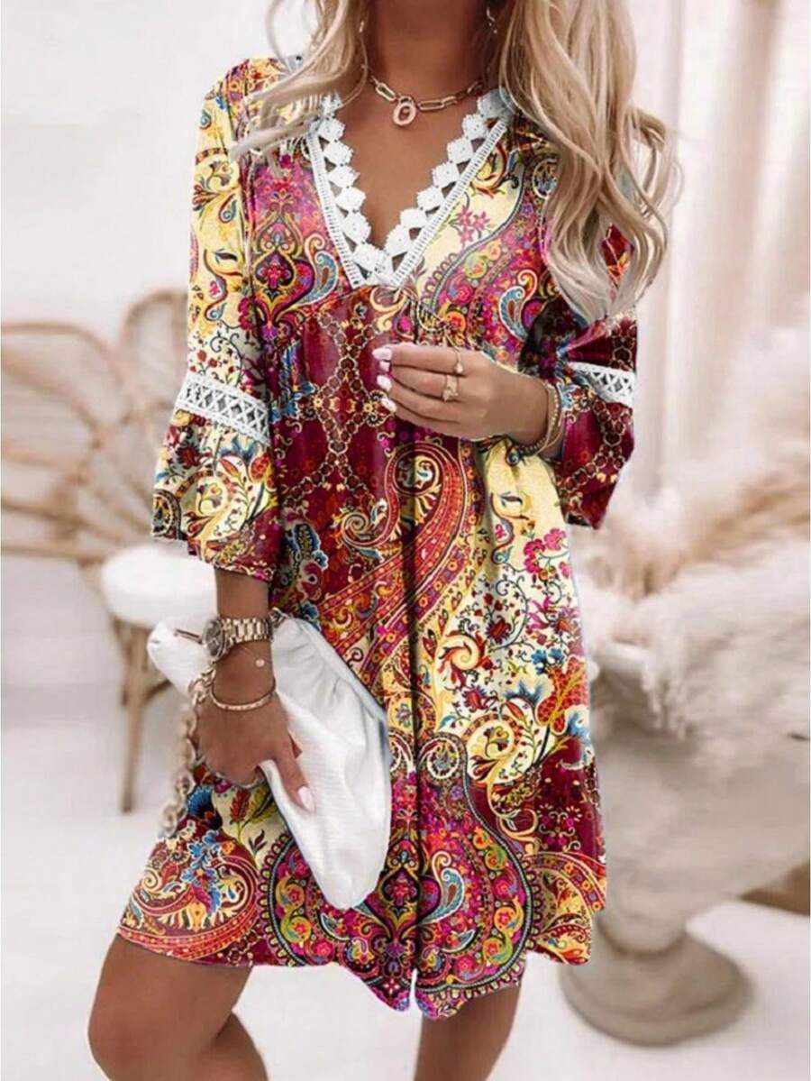 Vestido de mujer colorido con estampado boho, escote en V con volantes, mangas largas elásticas, corte holgado cómodo ideal para primavera y verano, estilo hippie casual perfecto para fiestas, vacaciones en la playa y eventos al aire libre - Burdeos - Ver 1