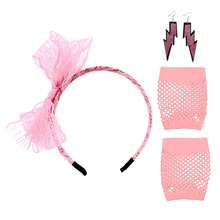 3件組 D EXCEED 80年代女裝服裝配件套裝，蕾絲蝴蝶結髮帶、閃電耳環、魚網手套，復古迪斯可龐克搖滾造型套裝，適用於80/90年代主題派對、萬聖節、音樂節、服裝派對、驕傲慶典、派對穿搭 - 多色 - 查看 4