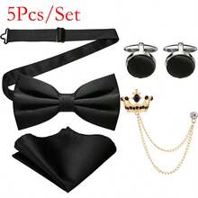 New Silk Bow Tie Set For Men, Available In 9 Colors, Includes Crown Flower Lapel Pin, Handkerchief And Cufflinks - A - View 14