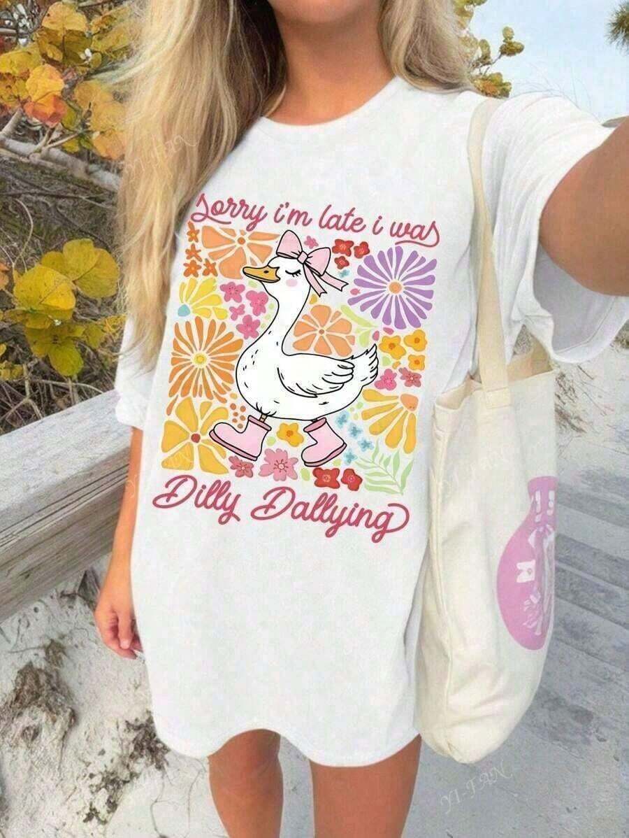 Sorry I'm Late, I Was Messing Around. Casual Short-Sleeved T-Shirt With A Round Neck And A Fun Mom Goose Print, Casual Short-Sleeved T-Shirt With A Bohemian Floral Print, Spring/Summer Blouses For Women. - 白色 - 查看 1