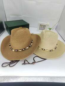 Panama Straw Hat, Shell Chain Cowboy Straw Hat, Straw Woven Sun Hat, Beach Resort Straw Hat, Lightweight Breathable UV Protection, Suitable For Travel, Daily Wear, Holiday Gift - Panama Straw Cowboy Hat - View 4