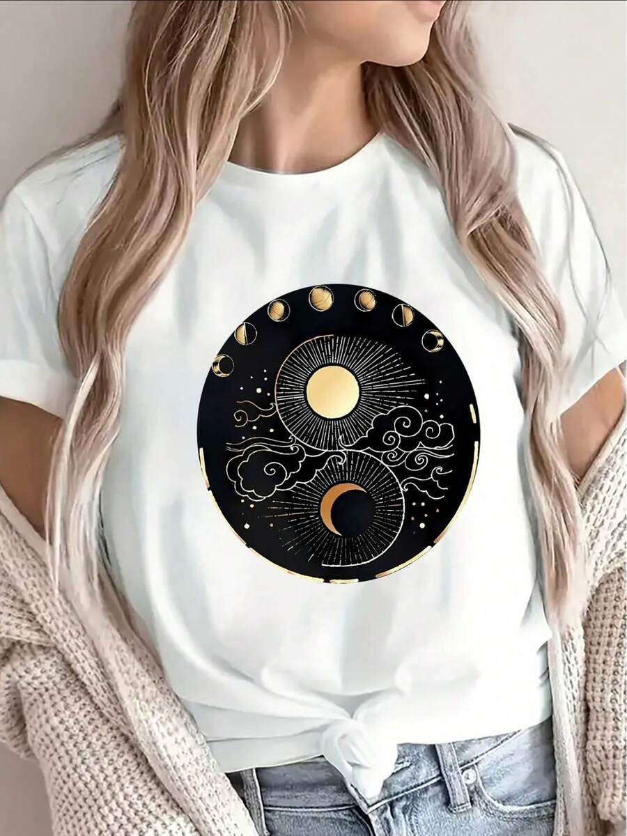 Camiseta de manga corta de poliéster en blanco y negro, decorada con un patrón de fases lunares, ligera y duradera, adecuada para el hogar, cafeterías o uso casual al aire libre. - Negro - Ver 1